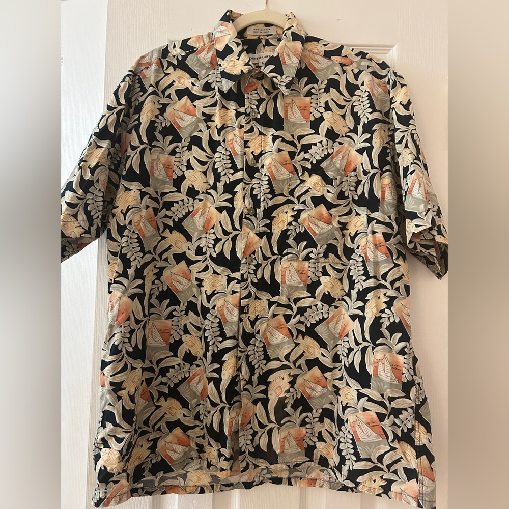 Pierre Cardin vintage fish sail boat tropical Short Sleeve Button-Up Shirt L